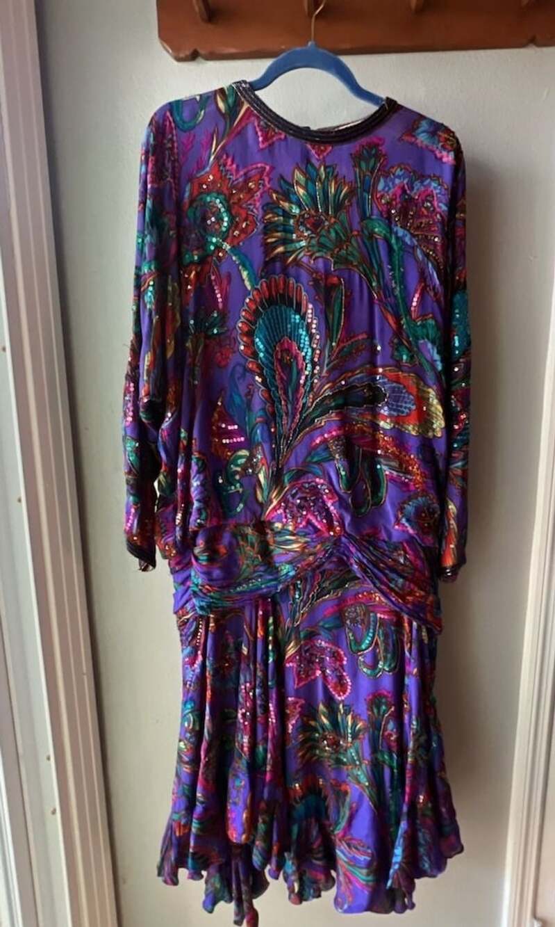 Judith Ann Creations Beaded Silk Dress Purple Paisley